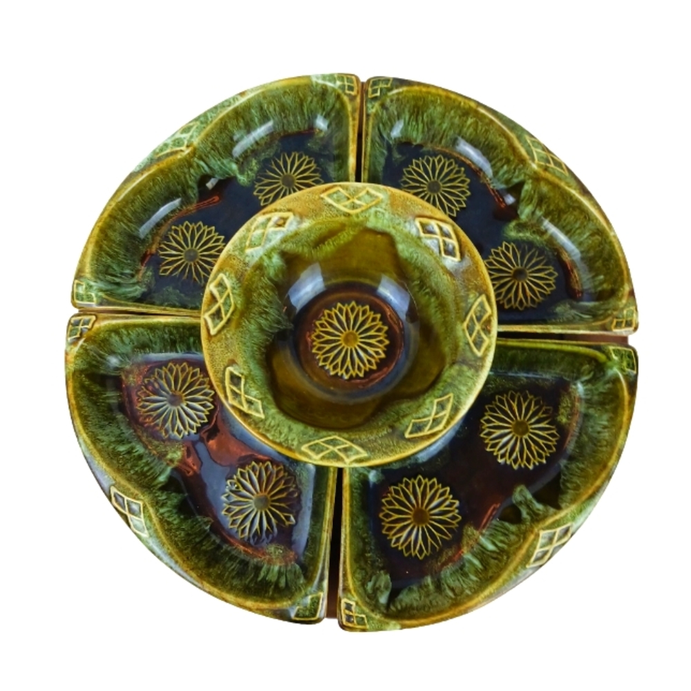 Vintage Wade pottery of California serving set on lazy susan green drip glaze